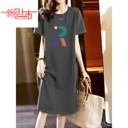 啄木鳥(niǎo)（TUCANO）2025純棉短袖長(cháng)裙寬松休閑過(guò)膝t恤裙簡(jiǎn)約中長(cháng)款連衣裙女顯瘦夏季 灰色【R字母】 L 106-120斤