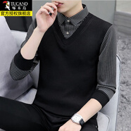 啄木鳥(niǎo)加絨加厚男士假兩件秋冬季保暖毛衣針織衫潮流百搭打底衫襯衫長(cháng)袖 黑條紋 常規 XL