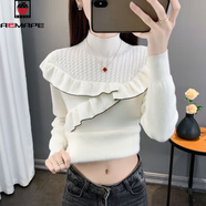 AEMAPE加絨加厚一體絨毛衣女2025新款冬季半高領(lǐng)荷葉邊針織打底修身上衣 米白色 【一體絨】 L 【105-115斤】