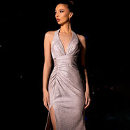 歐美性感細閃V領(lǐng)洋裝女輕奢宴會(huì )感開(kāi)叉魚(yú)尾禮服裙 粉色 S S