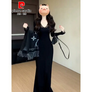 皮爾卡丹（pierre cardin）赫本風(fēng)黑色領(lǐng)針織連衣裙子女秋冬季2025新款配大衣內搭打底長(cháng)裙 黑色連身裙/梨型身材紅茶風(fēng)內搭長(cháng)裙/女裝/廳里廳氣的 S 【80-90斤】