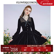 flowerscoming花兒開(kāi)了2024春季新款法式絲絨拼接網(wǎng)紗連衣裙女V領(lǐng)氣質(zhì)風(fēng)公主裙 黑色 S