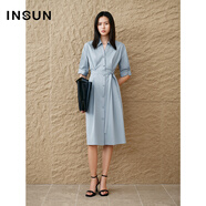 INSUN恩裳夏季氣質(zhì)褶裥收腰襯衫連衣裙 淺藍 S