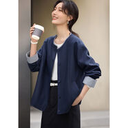 XWI欣未知性通勤條紋拼接外套女2025年春季百搭棉麻質(zhì)感圓領(lǐng)上衣 深藍色 S S100斤以下