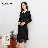 珂萊蒂爾女裝秋黑白撞色娃娃領(lǐng)蕾絲長(cháng)袖法式收腰連衣裙 黑色 L