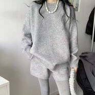 史卿復古純色時(shí)尚套裝女秋冬季新款韓系寬松慵懶風(fēng)毛衣顯瘦短褲兩件套 灰色短褲+灰色毛衣 L 建議100-115斤