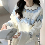 俞兆林（YUZHAOLIN）白色費爾島復古套頭毛衣女秋冬季慵懶軟糯oversize針織衫加厚上衣 白藍 【關(guān)注店鋪優(yōu)先發(fā)貨】 M 【80-100斤】