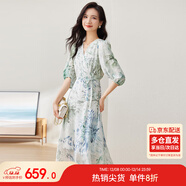 尚都比拉[100%桑蠶絲]夏季短袖真絲連衣裙女V領(lǐng)高級感氣質(zhì)印花裙