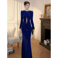 XUANYAN輕奢氣質(zhì)絲絨純色修身顯瘦釘珠長(cháng)裙感優(yōu)雅宴會(huì )連衣裙 藍色 S S