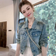 妹丫美式復古牛仔外套女短款春秋2026年新款重工釘珠修身百搭小個(gè)子潮 藍色 M
