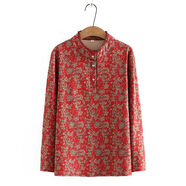 印花立領(lǐng)長(cháng)袖內搭衣春秋裝民族風(fēng)遮肚子上衣中老年媽媽減齡T恤衫 花色5紅色春秋款 XL XL建議90-110斤