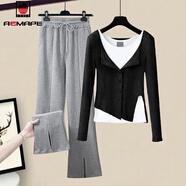 AEMAPE休閑褲女2025春秋冬新款時(shí)尚單套裝開(kāi)叉女裝氣質(zhì)休閑顯瘦百搭洋氣 黑色上衣+灰色褲子 常規 S _建議80-95斤
