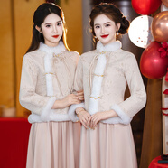 君英賢新中式伴娘服女2025新款冬天加絨加厚保曖姐妹團高級感伴娘裙冬季 HZ582杏色-B款 M