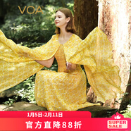 VOA輕盈喬其桑蠶絲圓領(lǐng)飛飛袖立體褶裥收腰原創(chuàng  )個(gè)性真絲連衣裙AE2092 左岸黃花（E84） S
