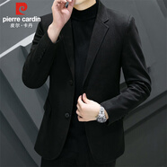 皮爾卡丹（pierre cardin）西服男秋冬季韓版修身外套男士商務(wù)兩?？勖匚餮b 黑色常規 4XL