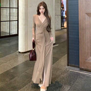 小紅書(shū)爆款純色風(fēng)格性感針織連衣裙的婦女春天新女神風(fēng)格V領(lǐng)長(cháng)裙 奶咖色 S 8095斤