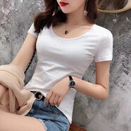 時(shí)尚低領(lǐng)大領(lǐng)口短袖t恤女夏季2025新款修身彈力低領(lǐng)正肩上衣女886 白色 L 建議100-115斤