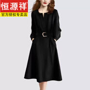 恒源祥輕奢氣質(zhì)V領(lǐng)設計感修身連衣裙女2026秋季新款系帶收腰顯瘦A字裙 黑色 XL 112-122斤