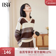 歐莎（OSA）【香草云衫】草甸綠條紋V領(lǐng)針織衫毛衣女長(cháng)袖上衣2025秋季新款 咖色 2XL