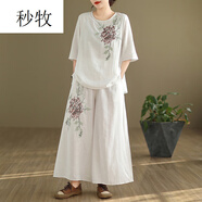 秒牧中年棉麻五分袖套裝女夏2025新款高端亞麻上衣褲裙兩件套 白色 M
