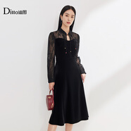 Ditto/迪圖氣質(zhì)新中式絲絨連衣裙女2025秋新款中式收腰顯瘦連衣裙 黑色 S