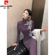 皮爾卡丹（pierre cardin）感新中式氣質(zhì)旗袍套裝女冬裝加厚圣誕禮服長(cháng)袖修身針織連衣裙 絳紫色 披肩+旗袍 加厚版 400g克重 現貨 L