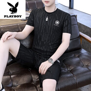 花花公子夏季冰絲短袖套裝男薄l款圓領(lǐng)寬松休閑大碼兩件套短袖短褲套裝 TZ862暗花虎【套裝】黑色 L 【建議100-115斤】