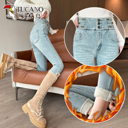 啄木鳥(niǎo)淺藍色加絨緊身小腳牛仔褲女冬季加厚新款彈力美臀鉛筆褲靴褲 淺藍色加絨 加厚 2XL 【體重 135-145斤】