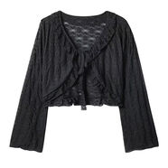 法式小坎肩罩衫夏季新款韓版溫柔風(fēng)木耳邊系帶薄款喇叭袖蕾絲開(kāi)衫 黑色 S S適合85斤左右