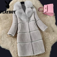 花花公子（PLAYBOY）2025秋冬韓版女新款羊剪絨皮毛拼接大衣中長(cháng)款仿狐貍毛領(lǐng)皮草外套 灰色 L