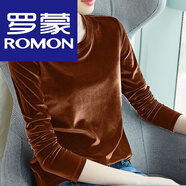 羅蒙（ROMON）金絲絨秋冬長(cháng)袖T恤女圓領(lǐng)小衫打底衫韓版簡(jiǎn)約氣質(zhì)顯瘦上衣潮 【NNB-599】棕色 M _91-100斤