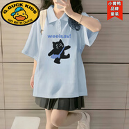 G.duck學(xué)院風(fēng)polo衫短袖t恤純棉少女大童夏季2025初中高中學(xué)生寬松上衣 走貓-藍色 2025夏季/女裝//寬松/ 185 2XL
