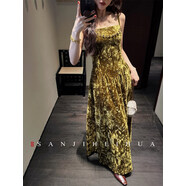三吉黑花【漫漫】國風(fēng)絲絨秋冬連衣裙子吊帶長(cháng)裙新年戰袍高級感潮 黃綠 M