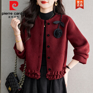 皮爾卡丹（pierre cardin）紅色立體花朵毛呢開(kāi)衫短款外套女春秋2025新寬松百搭呢子大衣 紅色 2XL