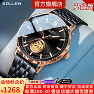 梭倫（SOLLEN）十大品牌名表手表男士全自動(dòng)機械表防水夜光國腕表送男友生日禮物 【日本進(jìn)口機芯】玫瑰金黑鋼帶360