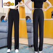 羅蒙冰絲闊腿褲女褲子夏季薄款高腰垂感慵懶春秋休閑窄版小個(gè)子西裝褲 黑色正常腰款9分褲 S 26- 【80至95斤】