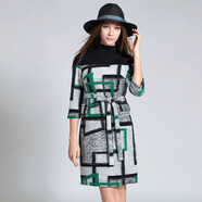 深圳歐洲站專(zhuān)柜女裝一步裙七分袖針織拼接羊毛呢連衣裙 綠色格子 L