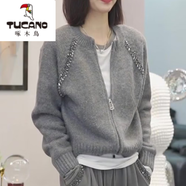 啄木鳥(niǎo)（TUCANO）時(shí)尚燙鉆針織開(kāi)衫女秋冬新款韓版寬松顯瘦遮肉百搭長(cháng)袖毛衣小外套 灰 M