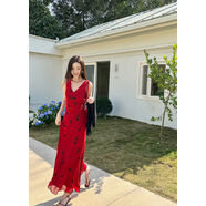 QBD夏季復古紅雪紡裙顯瘦V領(lǐng)高腰氣質(zhì)連衣裙拖地長(cháng)裙度假裙 復古紅-加長(cháng)版現貨 S S100斤內