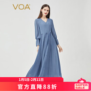 VOA真絲喬其紗月藍色木耳邊V領(lǐng)喇叭長(cháng)袖褶皺大擺桑蠶絲連衣裙 AE1036 浣溪紗-月藍（A23） XL
