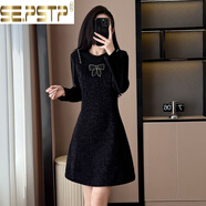 夏典素訂女王（SE.PSTP）雪尼爾亮絲連衣裙女秋冬季新款洋氣假兩件中長(cháng)款收腰顯瘦裙子 黑色 L 建議90-110斤