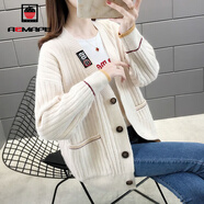 AEMAPE針織衫女2026春秋冬季女士毛衣開(kāi)衫外套時(shí)尚女裝寬松慵懶風(fēng)上衣 米白_貼布 3XL _140-155斤