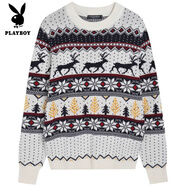 花花公子（PLAYBOY）圣誕節麋鹿針織衫男圓領(lǐng)套頭雪花復古寬松小鹿提花慵懶新款毛衣 白色 L
