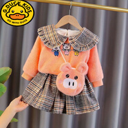 G.duck女童連衣裙秋冬款加絨加厚洋氣新款兒童嬰兒套裝一歲女寶寶假兩件 桔紅色 110 建議100CM以下