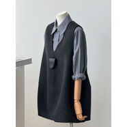 簡(jiǎn)約羊毛背心裙女25秋冬韓版寬松疊穿灰色通勤V領(lǐng)花苞連衣裙 黑灰色短 76 均碼衣長(cháng)76CM