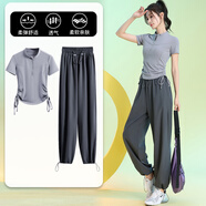 百思絨大碼寬松跑步運動(dòng)套裝女短袖速干衣戶(hù)外晨跑服闊腿長(cháng)褲健身瑜伽服