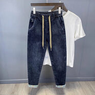 七匹狼（SEPTWOLVES）秋冬加厚松緊帶男牛仔褲，寬松小腳褲，新潮男無(wú)鐵褲，秋 973藍色【高品質(zhì)】 S (80斤-90斤)