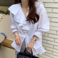 韓國chic夏季甜美氣質(zhì)V領(lǐng)拼接荷葉邊寬松百搭純色喇叭袖襯衫女 白色 均碼 均碼