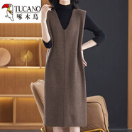 啄木鳥(niǎo)（TUCANO）連衣裙2025秋新款韓版休閑針織馬甲女寬松顯瘦V領(lǐng)無(wú)袖背心裙中長(cháng) 咖色 M 【90-105斤穿】