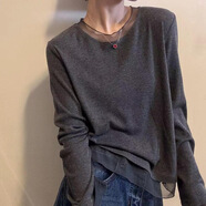 2025韓版圓領(lǐng)拼紗長(cháng)袖T恤打底衫女秋季時(shí)尚百搭休閑打底衫 【買(mǎi)一送一，到手兩件】黑色+灰色 2XL 【105-120斤】